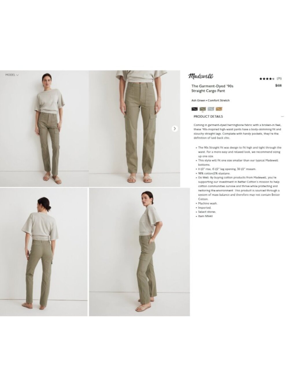 Madewell 90's Straight Cargo Pants Size 23 Waist Garment Dyed Ash Green NN411 - Picture 11 of 12
